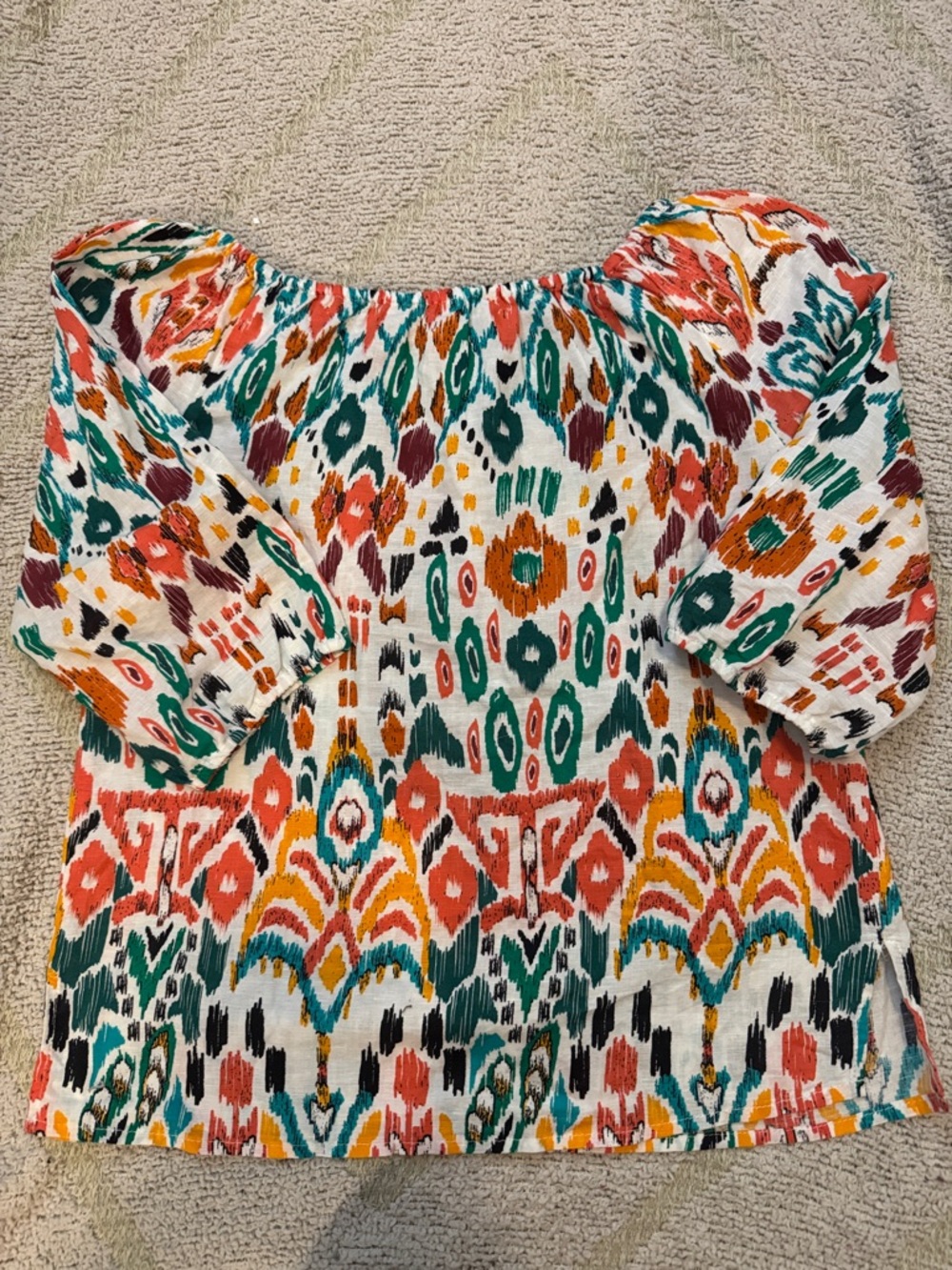 Hester & Orchard Linen Blend Boho Peasant Top Medium | Colorful Ikat Blouse - Picture 4 of 4